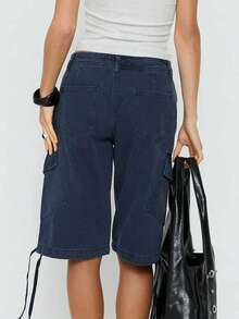 Cargo Shorts For Women Elastic Waist Knee Length  Shorts Summer Outdoor Waterproof Hiking Pants With Pockets - 藏蓝色 - 查看 5