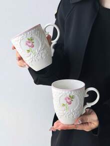 1個陶瓷馬克杯,壓花粉色邊緣玫瑰設計,法式Ins風高品質陶瓷咖啡杯,花卉圖案,粉色邊緣設計,適合下午茶、牛奶、拿鐵和咖啡 - 彩色 - 查看 6
