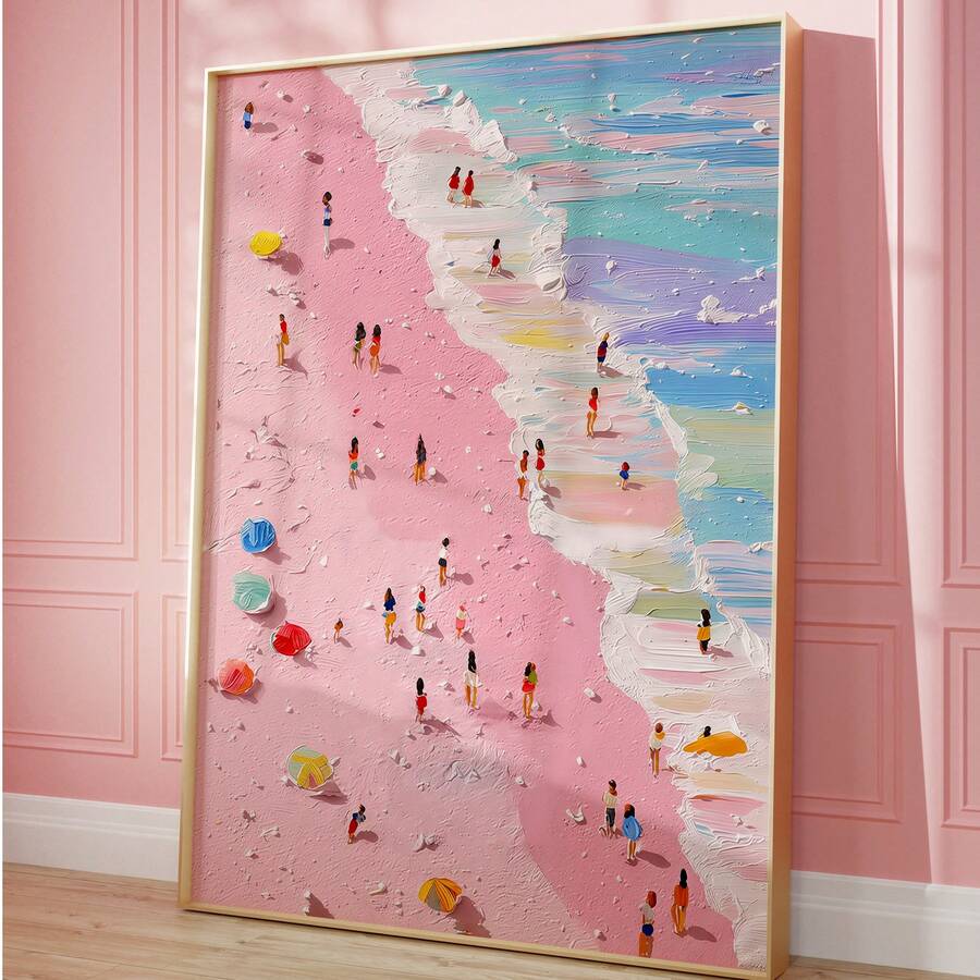 1 pièce Impression sur canevas sans cadre minimaliste rose plage de sable petit nageur - Décoration murale d'été féminine, affiche thème plage, impression rose esthétique pour appartement, salon, chambre, salle de classe, décoration de maison moderne, impressions pour mur, meilleur choix de cadeau - Cartoon - Voir 1