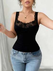 3pcs V-Neck Floral Lace Camisole Tank Tops Women Solid Color Slim Fit Waist-Cinching Sleeveless Top American Hot Girl Style Spring Summer Layering Versatile Innerwear - Multicolor - View 2