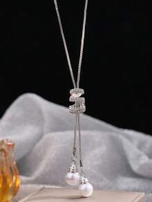 1 pieza Elegante y lujoso collar con colgante de cadena tipo serpiente con rhinestones y perlas, accesorio de moda europeo y americano - Dorado - Ver 7