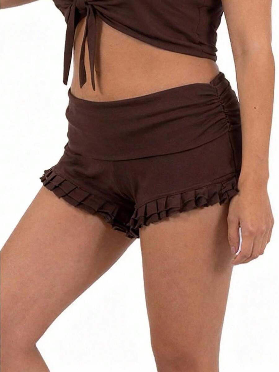 Women's Ruffle Plus Size Shorts Solid Color Fold Over Waist Summer Casual Beach Shorts - Marrón - Ver 1
