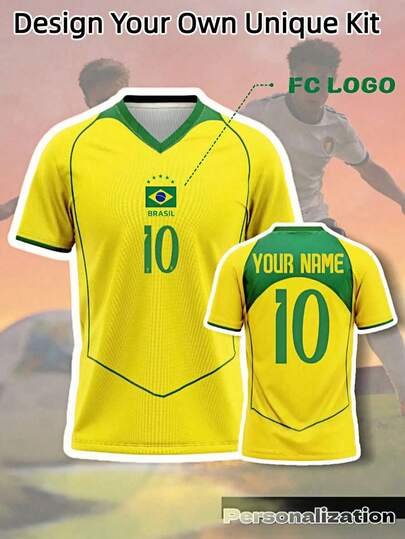 1pc Brazil Style Yellow & Green Customized Retro Soccer Jersey | Can Add Name, Number And Team Logo | Professional Breathable Sports Shirt | Suitable For 2026 World Cup, Training, Customized Men's Sportswear, Fit For Soccer, Basketball, Volleyball Matches, Training And Daily Wear, Holiday Gift, BlokeCore