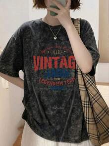夏季新款 Z-Gen Y2K 女童红色英文印花圆领短袖T恤 休闲黑色 - 黑色 - 查看 2