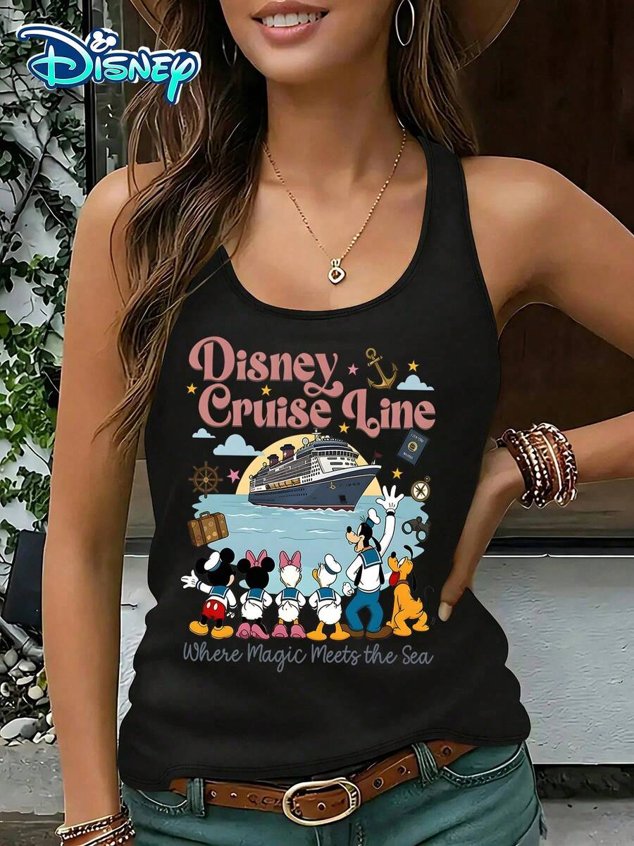 Disney Official Authorization | Women's Casual Round Neck Sleeveless Vest. Taking Disney Cruise As The Theme, Paired With Characters Such As Mickey And Minnie And Cruise Prints, It Is Full Of Sailing Fun And Vacation Atmosphere. It Is A Must-Have Item For Summer Travel And An Ideal Choice For Creating A Vacation Style Look. - màu đen - Xem 1