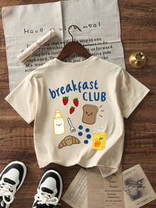 Infant Boy Cute Food Pattern Back Print Basic T-Shirt, Milk Strawberry Croissant Cartoon Pattern Loose Fit Summer Top - Apricot - View 2