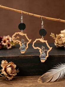 1 Pair Vintage African Map Shape Dancing Girl Hollow Wooden Fashion Earrings - Natural Wood Color - View 2