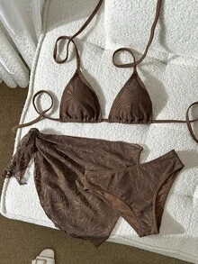 Swim Vcay Women's Halter Style Solid Color Bikini Swimsuit Set, Swimwear Set For Summer Beach Vacation - 棕色 - 查看 1