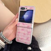 1pc Pink Plaid Bow PC Folding Phone Case Compatible With Samsung Galaxy Z Flip7/ZFlip6/ZFlip5/ZFlip4/ZFlip3/Z FE Magnetic Protective Case - Multicolor - View 3