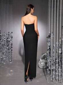 Bernatova Women Sexy Strapless Maxi Bandage Dress With Handmade Rhinestone Flower Decor , Elegant Party Celebrity Form-Fitting Bodycon Cocktail Dress Black - Black - View 6