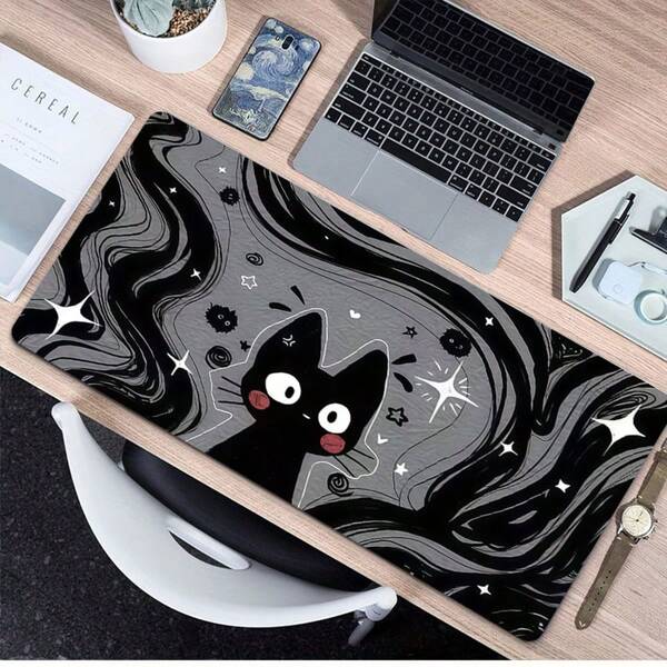1 Stück Kawaii schwarze Katze Schreibtischunterlage Mauspad, ästhetisches monochromes Gaming-Mauspad, großflächige Tastaturunterlage, glatte Kontrolle, rutschfest, verschiedene Größen