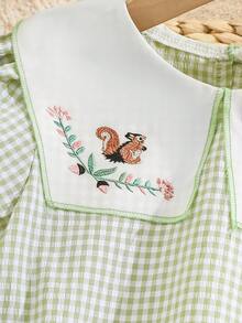 Robe à carreaux vert clair et blanc pour filles, col carré Peter Pan blanc, manches courtes bouffantes brodées de motifs écureuil et floral, jupe ample trapèze - Vert menthe - Voir 6
