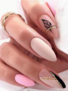 24pcs Almond Shaped Simple Glitter Matte Texture Leaf Press-On Fake Nails - Baby Pink - View 2