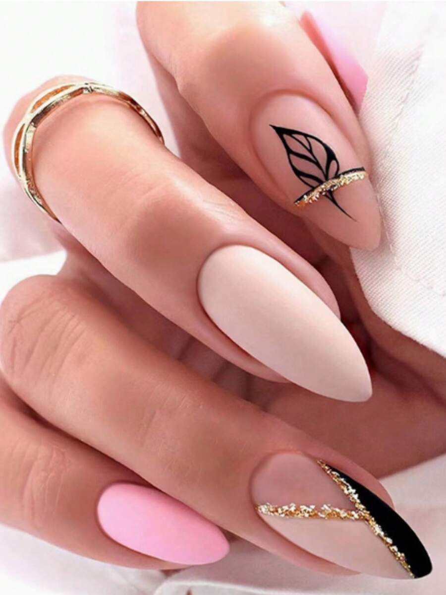 24pcs Almond Shaped Simple Glitter Matte Texture Leaf Press-On Fake Nails