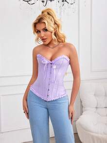 Delicate Princess Style Jacquard Ruffle Trim Bandeau Crop Top, Heart Neck Front Button Shapewear, Suitable For Wedding, Party, Date, Vacation - Purple - View 7