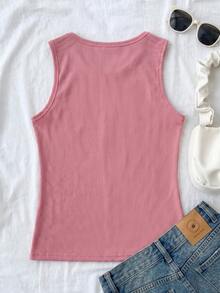 1pc Plus Size Women's Solid Color Round Neck Ribbed Sleeveless Tank Top, Single Layer Comfortable Slimming Fit Base Layer Top For Summer Daily, Commute, Sports, Outerwear And Inner Layer - Dusty Pink - View 7