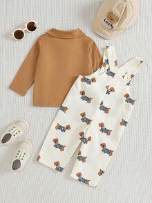 Baby Boy 2pcs Casual Cute Puppy Line Print Shoulder Strap Jumpsuit And POLO Collar Solid Color Long Sleeve Top Set, Comfortable Cute Outfit For Autumn - Khaki - View 3