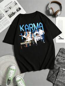 Stray Kidse "Karma" Blue Lightning Group Photo Graphic Tee, 100% Cotton, K-Pop Fan Casual Streetwear T-Shirt - Black - View 1