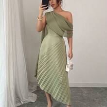 Vestido plisado sin mangas con cuello de bufanda elegante y fluido, brillante, para primavera/verano - Café integral - Ver 5