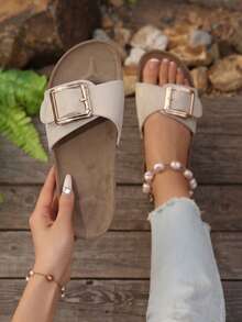 Nuevas sandalias planas de moda de verano con decoración floral blanca y correa elástica en la espalda, sandalias de playa - Blanco - Ver 2