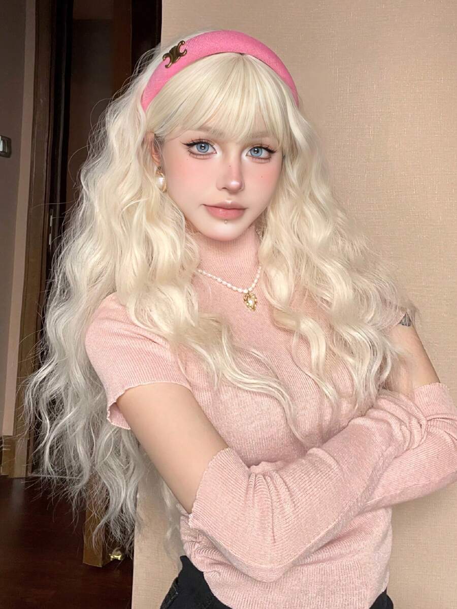 [TOPSHE LUMA] Elegant Long Curly Wig For Women - Full Head Coverage, Natural-Looking Synthetic Hair With Water Wave Texture, Rose Net Cap, 150% Density - Gold - View 1