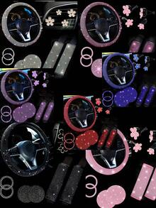 11pcs Shiny Car Interior Accessories Set, Glittering Steering Wheel Cover, Seatbelt Shoulder Pads, Unisex Car Decor, Suitable For Multiple Vehicle Models - Multicolor - View 1