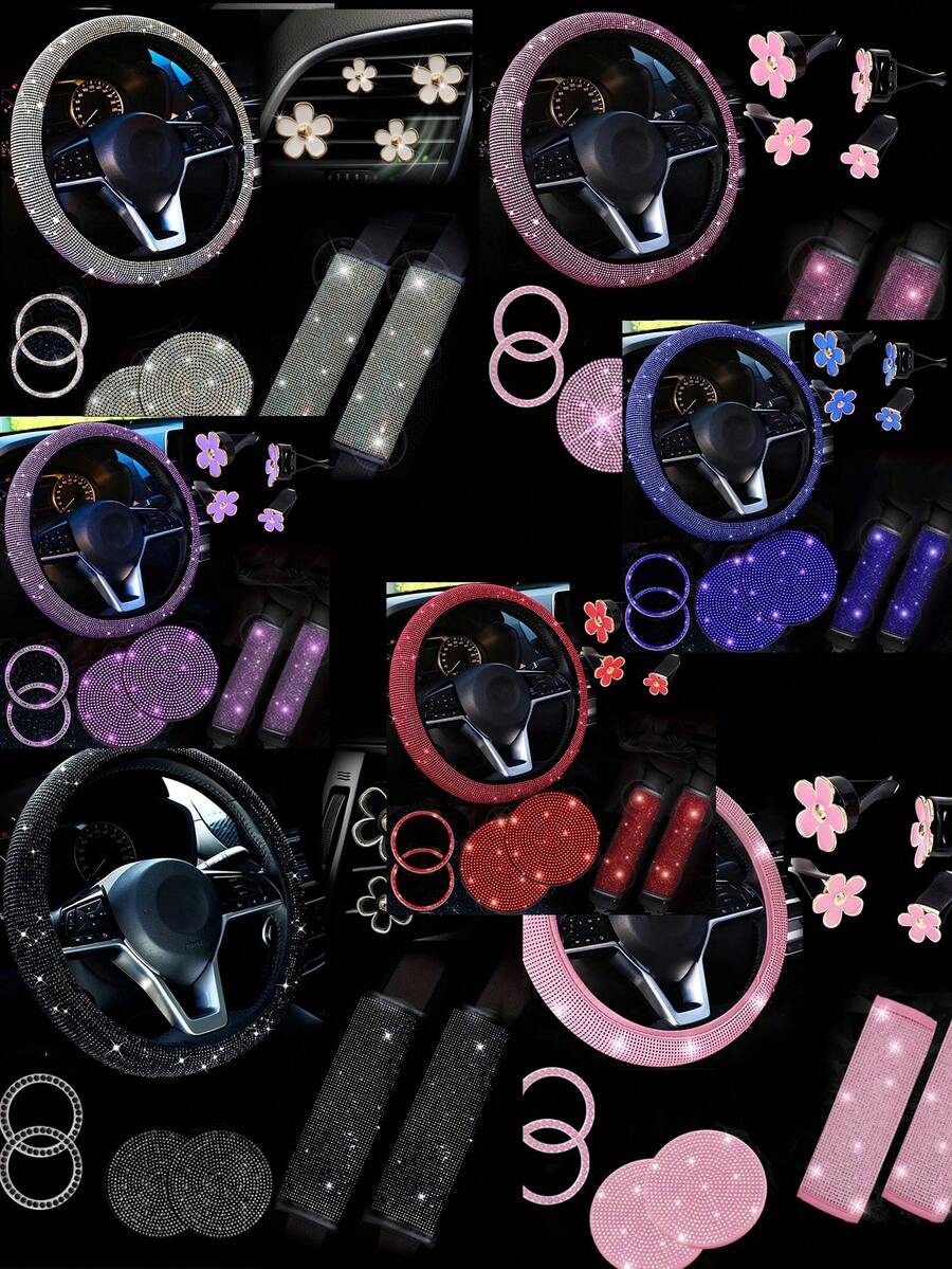 11pcs Shiny Car Interior Accessories Set, Glittering Steering Wheel Cover, Seatbelt Shoulder Pads, Unisex Car Decor, Suitable For Multiple Vehicle Models - Multicolor - View 1