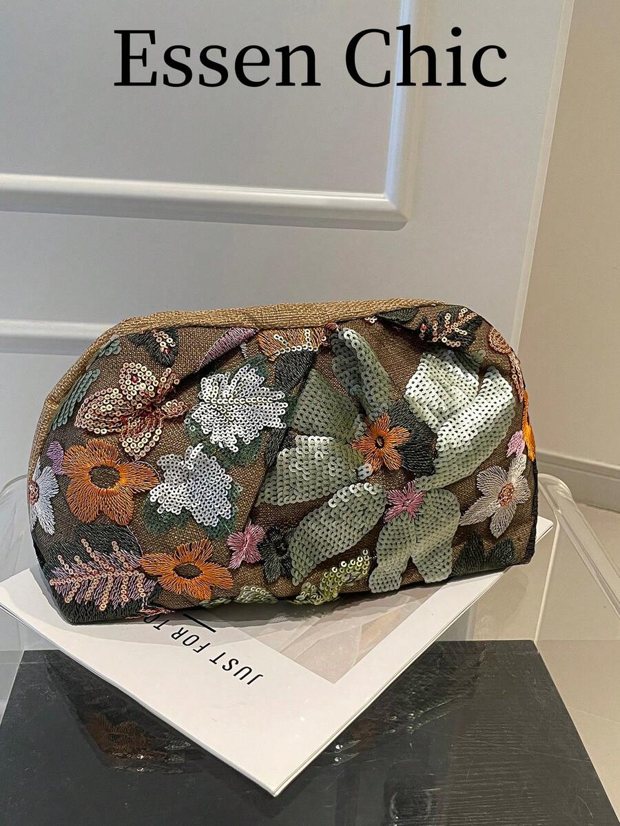 1件綠色亮片裝飾尼龍壓褶晚宴手拿包女款，夏季新品