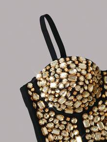 Heavy Embellished Gold Rhinestone Studded Strappy Bustier, Party Nightclub Performance Outerwear Tube Top Casual Summer - Gold - View 8
