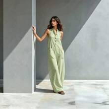 Summer New Loose Casual Striped Printed Sleeveless Women's Jumpsuit - Light Green - View 5