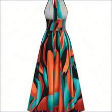 Nuevo vestido maxi de diseño elegante y sexy de estilo francés con cuello en V, halter, cintura expuesta, espalda descubierta, corte evasé y abertura, sin mangas, con estampado floral rojo y verde, de alta calidad y sofisticado para mujeres - Rojo - Ver 7