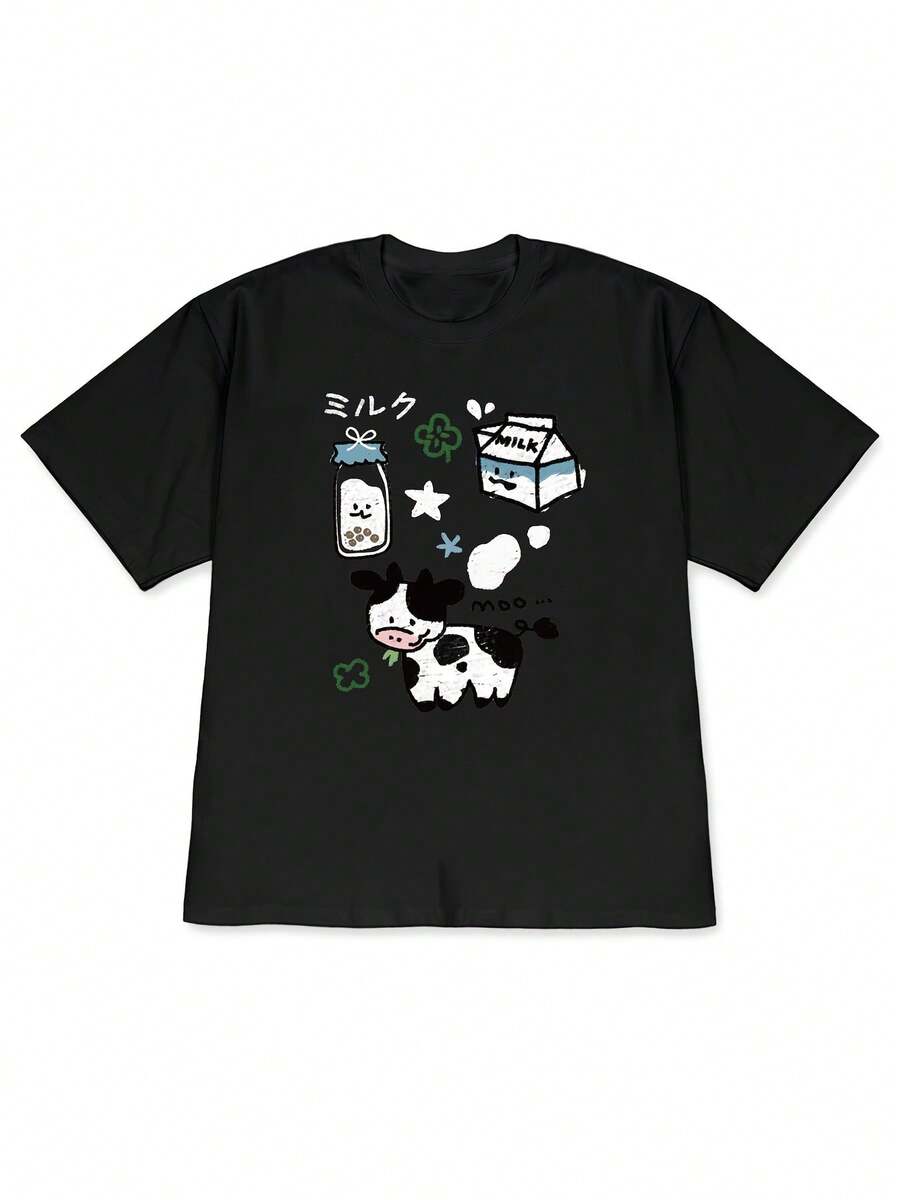 Cute Y2K Summer Top. 1pac. Cute Y2K Summer Top. 100% Cotton. Spring/Summer 2026 Women's T-Shirt With Cute Cow Milk Carton Print, Dropped Shoulder Design, Short Sleeve, Casual, Ideal For Everyday Wear. - 黑色 - 查看 1