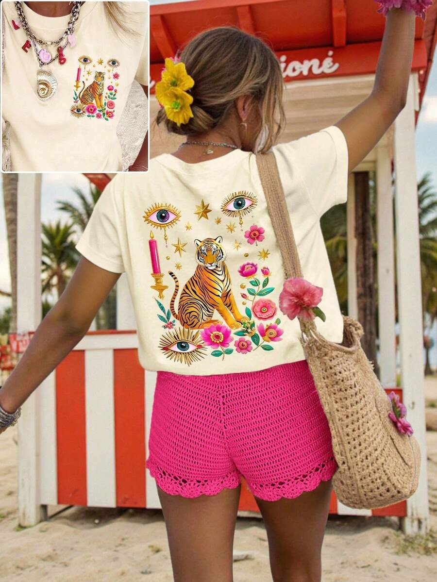 DrmWander Women's T-Shirt, Casual Urban Style With Graphic Print, Short Sleeve T-Shirt, Perfect For Summer - 杏子 2 - 查看 1