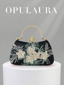 OpulAura 1 túi đeo vai họa tiết hoa thêu đen cổ điển, túi xách sườn xám cổ điển, túi cầm tay phong cách tiên nữ, túi tiệc, túi phù dâu, túi cô dâu, túi vuông, túi váy dạ hội, túi cầm tay ngọc trai, túi đính sequin hạt cườm, túi váy trang trọng, túi đeo vai dây xích - màu đen - Xem 11