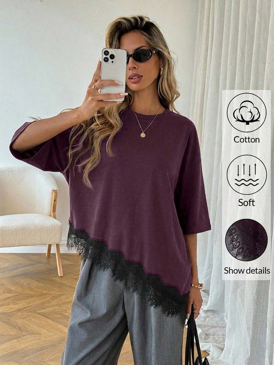 LUNE Women's Casual T-Shirt With Asymmetrical Lace Hem, Solid Color, Everyday Basics, Casual Spring/Summer Blouse For Women's Vacation, Summer Vacation For Women, Spring For Women, Spring Vacation, Beach Top - 波爾多 - 查看 1