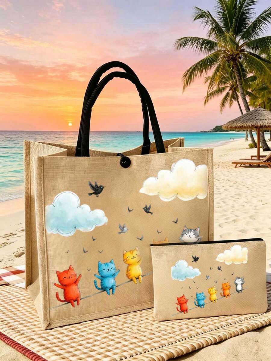 5 Different Colors Cat Pattern Canvas Bags, Perfect For Supermarket Shopping And Travel. Simple And Fashionable, Made Of Linen Material, Very Suitable For School Or Outdoor Travel. Large Capacity, Portable, Suitable For Women, College Students And Office Workers. Great Gift For Valentine's Day, Christmas, New Year, Anniversary, Birthday And Other Occasions. - Multicolor - View 1