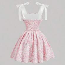 MOD Vestido corto rosado de mujer con estampado floral marrón y cinturón, vestido de patinadora acampanado vintage para graduación y té - Amarillo - Ver 3