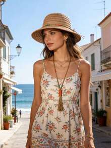 1 pieza Sombrero de paja tejido hueco de ala ancha de unicolor para mujer, primavera verano otoño, moda europea & americana vintage elegante sombrero de cubo de paja, versátil para uso casual al aire libre viajes vacaciones - A - Ver 9