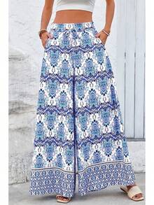 [Free Shipping]Women Wide Leg Pants Casual High Waist Floral Palazzo Pants For Women Flowy Lounge Boho Beach Trousers Pockets Women's Wide Leg - 藍色 - 查看 2