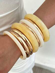 8pcs/4pcs Vintage Elegant Bohemian Casual Women's Yellow Acrylic Bracelets And Metal Plain Bangles, Suitable For Women's Daily Wear, Gatherings, Parties, Summer Vacation, Beach Holiday, Travel, Layering And Gifts - Multicolor - View 1