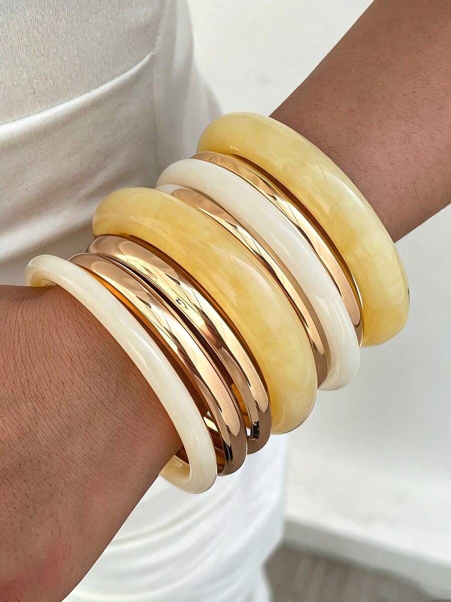 8pcs/4pcs Vintage Elegant Bohemian Casual Women's Yellow Acrylic Bracelets And Metal Plain Bangles, Suitable For Women's Daily Wear, Gatherings, Parties, Summer Vacation, Beach Holiday, Travel, Layering And Gifts - Multicolor - View 1