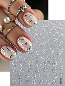 2pcs/Set 5D Metallic Silvery Heart&Ribbon Bow Nail Art Stickers Chic Silvery Hollow Heart Bowknot Nail Decal Self-Adhesive Manicure Silvery Heart Slider - Silver - View 5