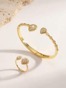 Un conjunto de joyería de lujo ligero, elegante y exquisito, chapado en oro y plata, densamente incrustado con gotas de agua del tamaño de diamantes, un conjunto de brazalete y anillo decorativo de circonita, adecuado para fiestas de gala, uso diario y regalos de vacaciones para mujeres. - Gotas de agua dobles, grandes y pequeñas - Ver 8