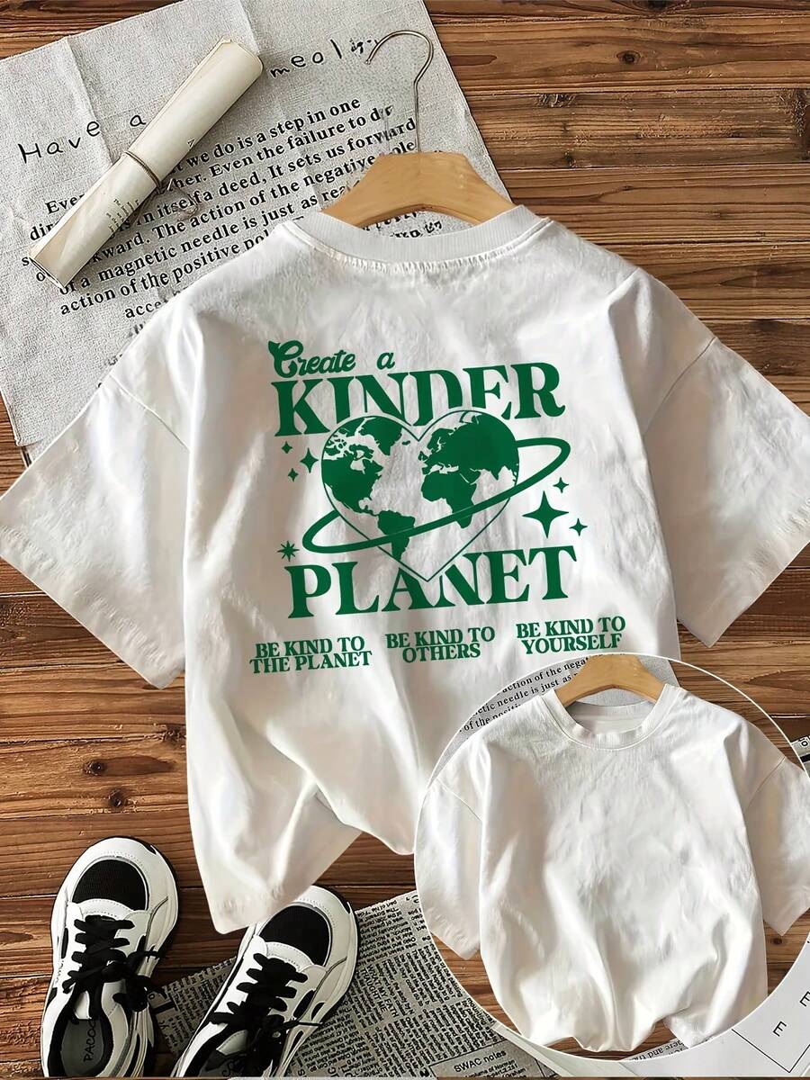 Minimalist. 100% Cotton. 1 Piece. [With Back Print][Special Edition] Short-Sleeved T-Shirt With A Round Neck And A Kinder Planet Print Featuring Letters, A Heart, And A Globe. Spring/Summer Top. - 白色 - 查看 1