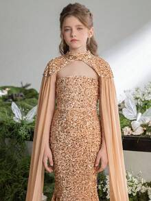 Váy dự tiệc tay áo choàng chiffon đính sequin cho bé gái tuổi mới lớn - Rượu sâm banh - Xem 4