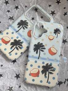 Summer Patchwork Beach Polka Dot Coconut Tree Phone Case, Compatible With Apple 17 Pro Max, Double Layer Protective Cover For IPhone 16 Pro, New 17 Women, 15 Pro, 14 Anti-Fall Phone Case - Blue - View 4