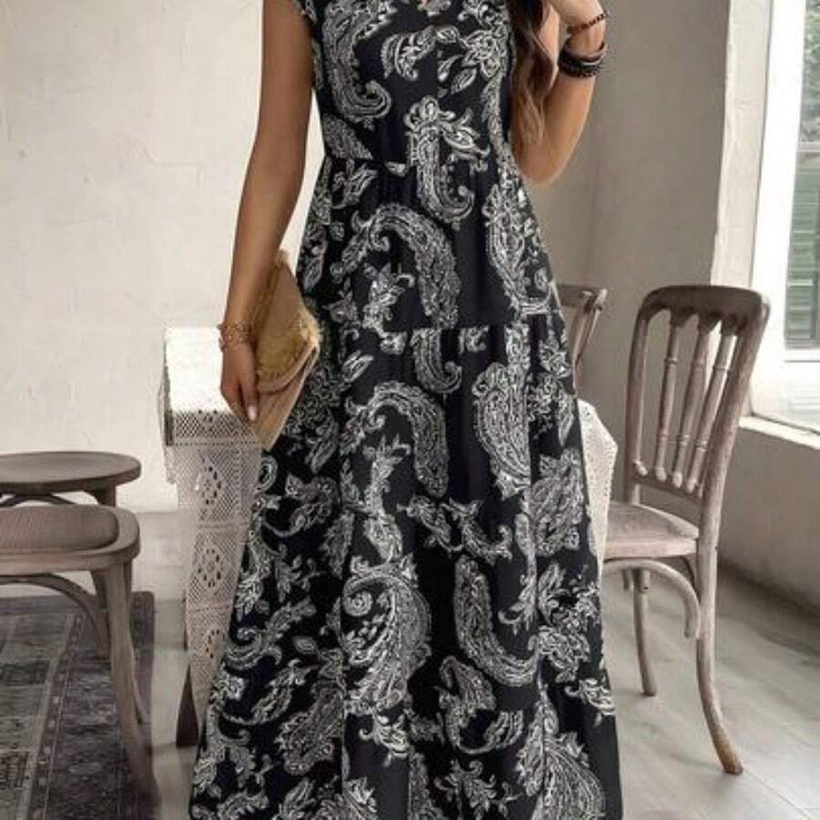 Vestido casual de vacaciones y citas con cuello en V, cintura fruncida y estampado de flores de anacardo para mujer - Blanco y Negro - Ver 1