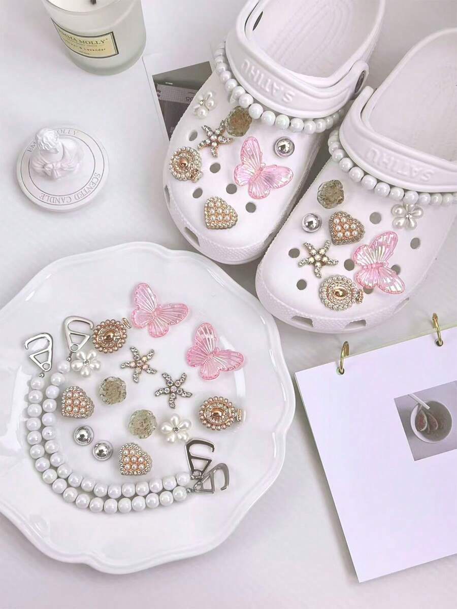 Light Luxury Pink Gold Iridescent Butterfly Clog Shoe Charms, Pearl Rhinestone Flower & Starfish Alloy Shoe Decoration Set, Compatible With Clogs - Pink - View 1