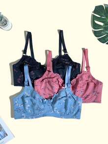 3pcs/Set Fresh Print Seamless Underwire Side-Support Adjustable Shoulder Strap Comfortable Everyday Plus Size Bra For Women - Multicolor - View 2