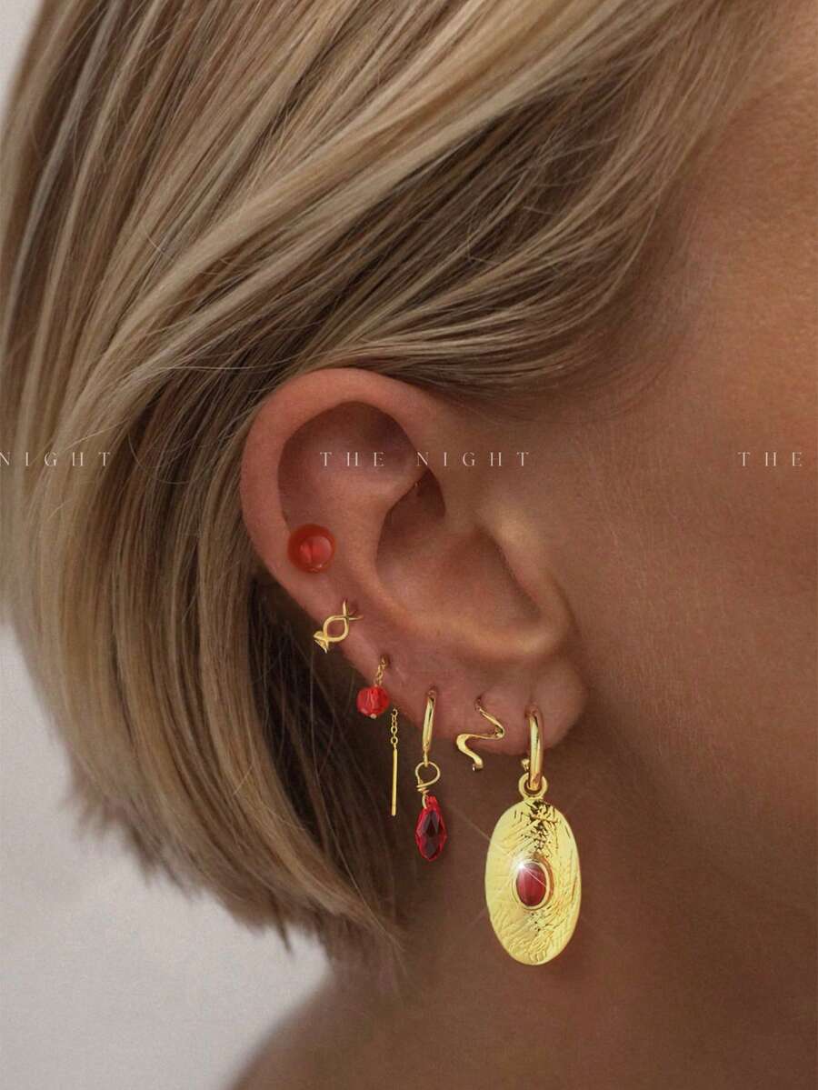 6pcs/Set Pendientes de clip de oreja vintage minimalista y elegante con circonita roja exquisita de un solo lado, adecuado para mujeres en citas, fiestas y uso diario 5 - Amarillo Oro - Ver 1